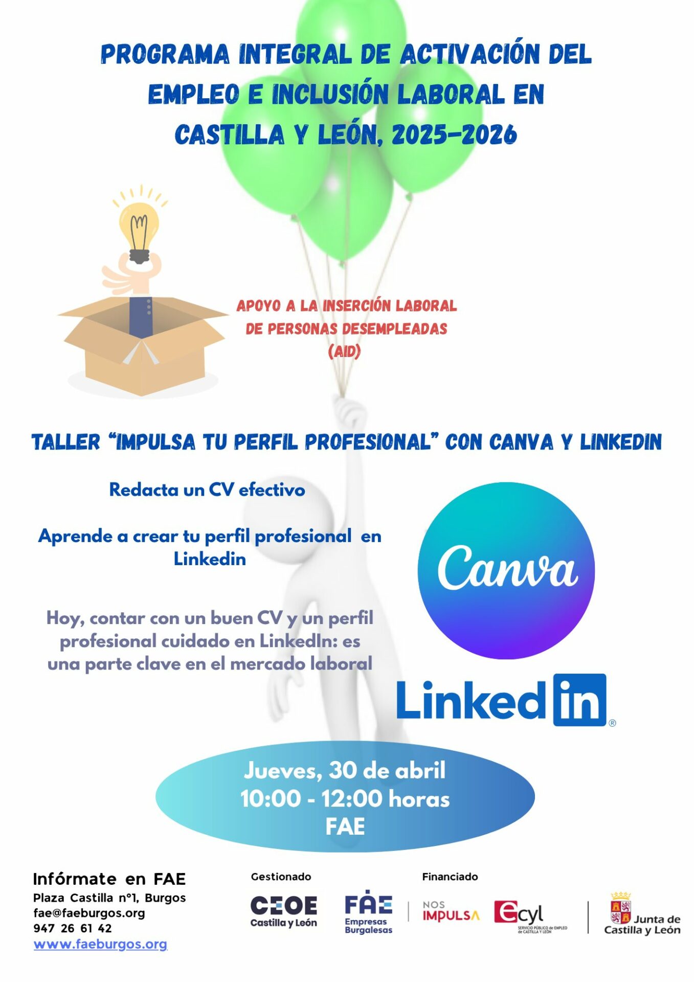 Programa de Apoyo a la Inserción Laboral de Personas Desempleadas (AID) 5 Cartel Taller Impulsa tu perfil profesional con Canva y Linkedin 3